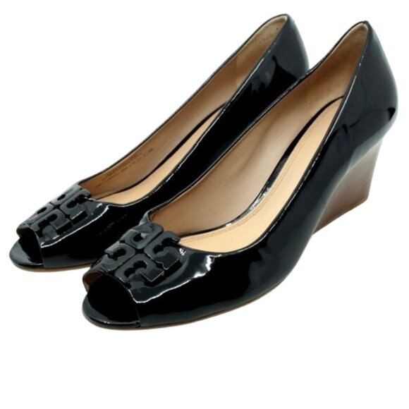 TORY BURCH~Lowell Peep Toe Wedge Pump~PATENT LEATHER SHOES in BLACK SIZE 9.5 - Picture 1 of 7